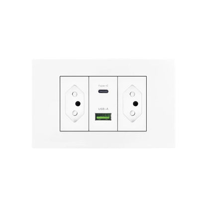 Enchufe de pared USB inteligente tipo C de 20 W con carga rápida para Italia, Chile y México; panel de interruptor de luz eléctrico de Brasil con toma USB-C universal.