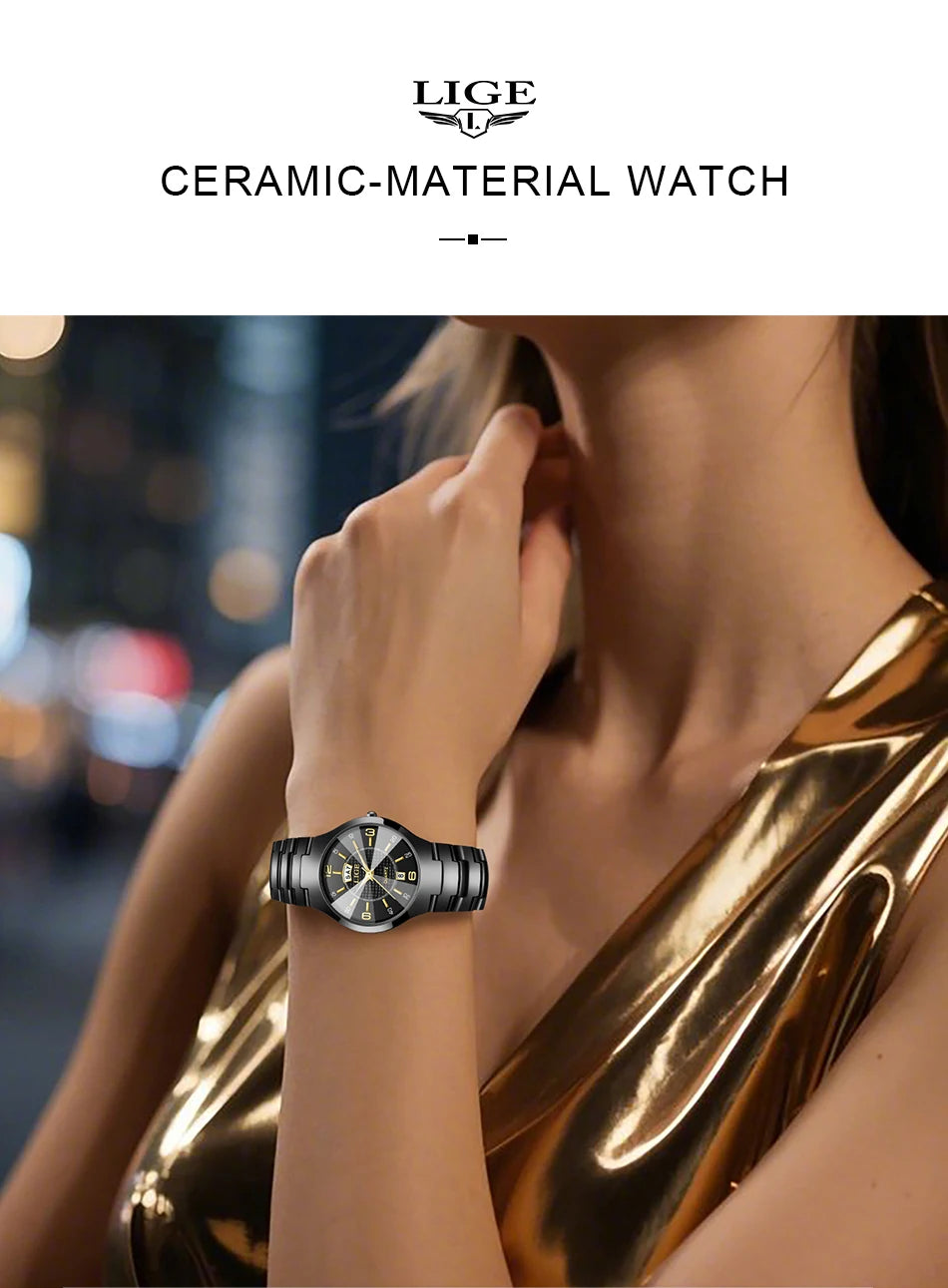 Reloj de cuarzo de cerámica de moda LIGE para mujer, reloj deportivo informal con fecha semanal, reloj creativo de acero resistente al agua para mujer