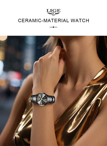 Reloj de cuarzo de cerámica de moda LIGE para mujer, reloj deportivo informal con fecha semanal, reloj creativo de acero resistente al agua para mujer