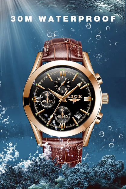 LIGE - Nuevos relojes de moda para hombre, marca superior de lujo, informal, militar, de cuero, de cuarzo, para negocios, resistente al agua, deportivo, cronógrafo