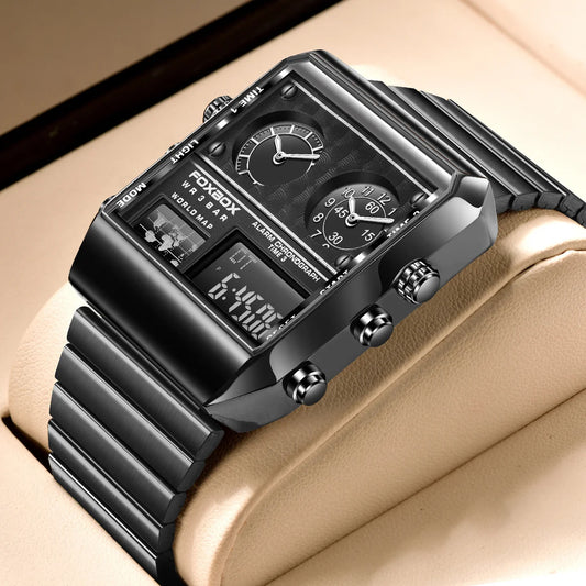 LIGE - Nuevo reloj para hombre, cuadrado, luminoso, deportivo, correa de acero inoxidable, doble pantalla, reloj de pulsera de cuarzo, reloj militar resistente al agua