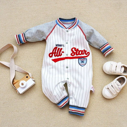 Ropa de bebé, mono para recién nacidos, ropa para niños pequeños, estilo deportivo de béisbol, ropa de algodón para bebés, ropa de primavera para niños pequeños.
