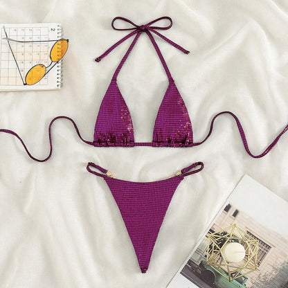 XS - L Sexy Diamond Mini Tanga Halter Bikini Mujer Traje de baño Traje de baño femenino Conjunto de bikini de dos piezas Traje de baño Nadar
