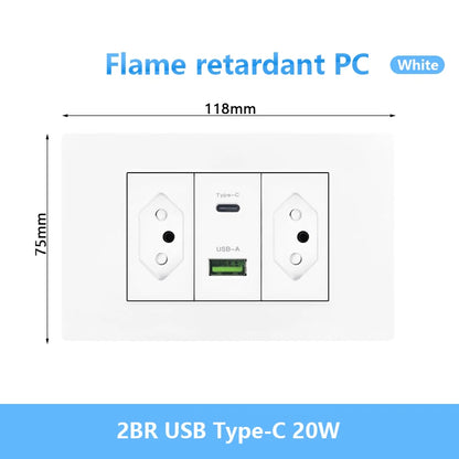 Enchufe de pared USB inteligente tipo C de 20 W con carga rápida para Italia, Chile y México; panel de interruptor de luz eléctrico de Brasil con toma USB-C universal.