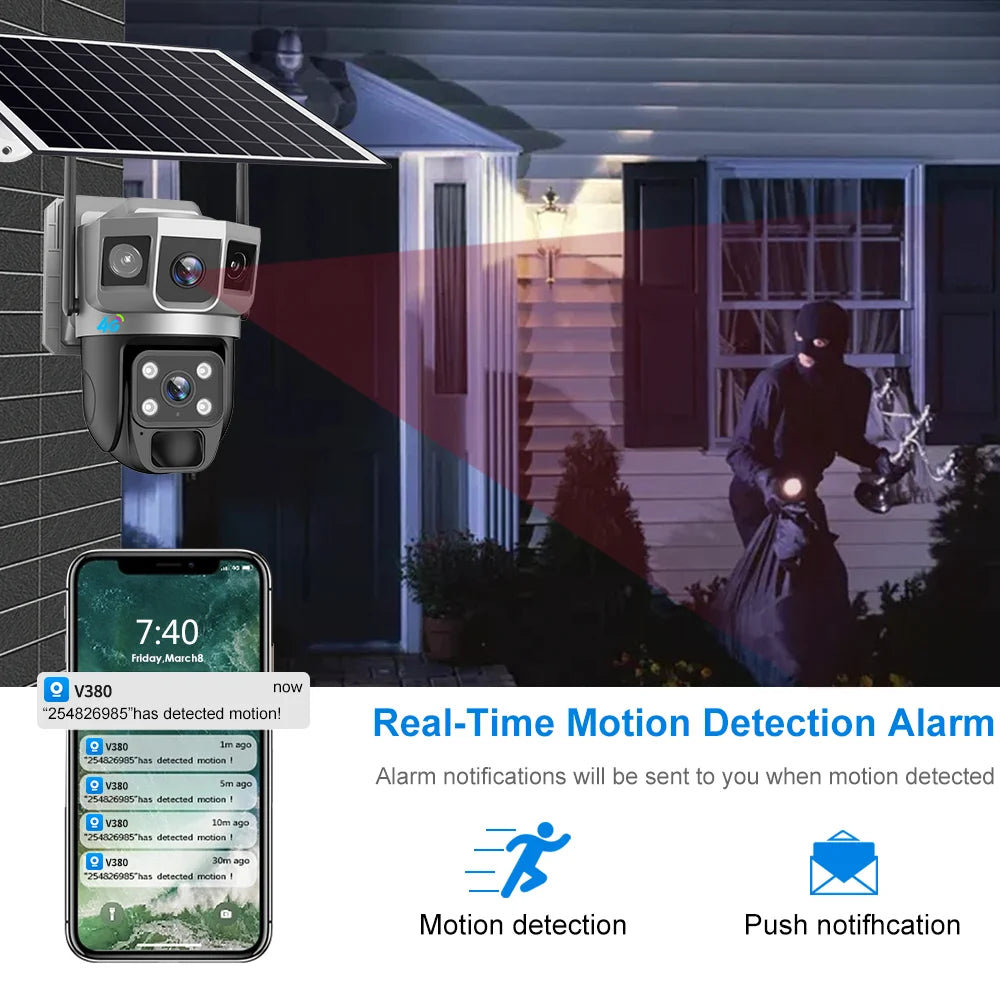Cámara solar de 12 MP, tarjeta SIM 4G, doble lente, tres cámaras con pantalla, seguimiento humano PIR, batería de bajo consumo, protección de seguridad CCTV V380