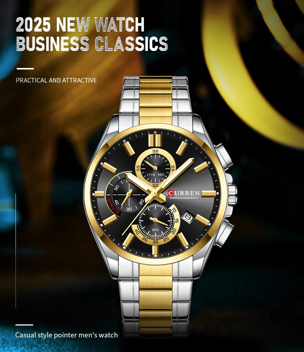 CURREN - Reloj cronógrafo de acero inoxidable para hombre con manecillas luminosas, tres subesferas, fecha automática, diseño moderno, de cuarzo