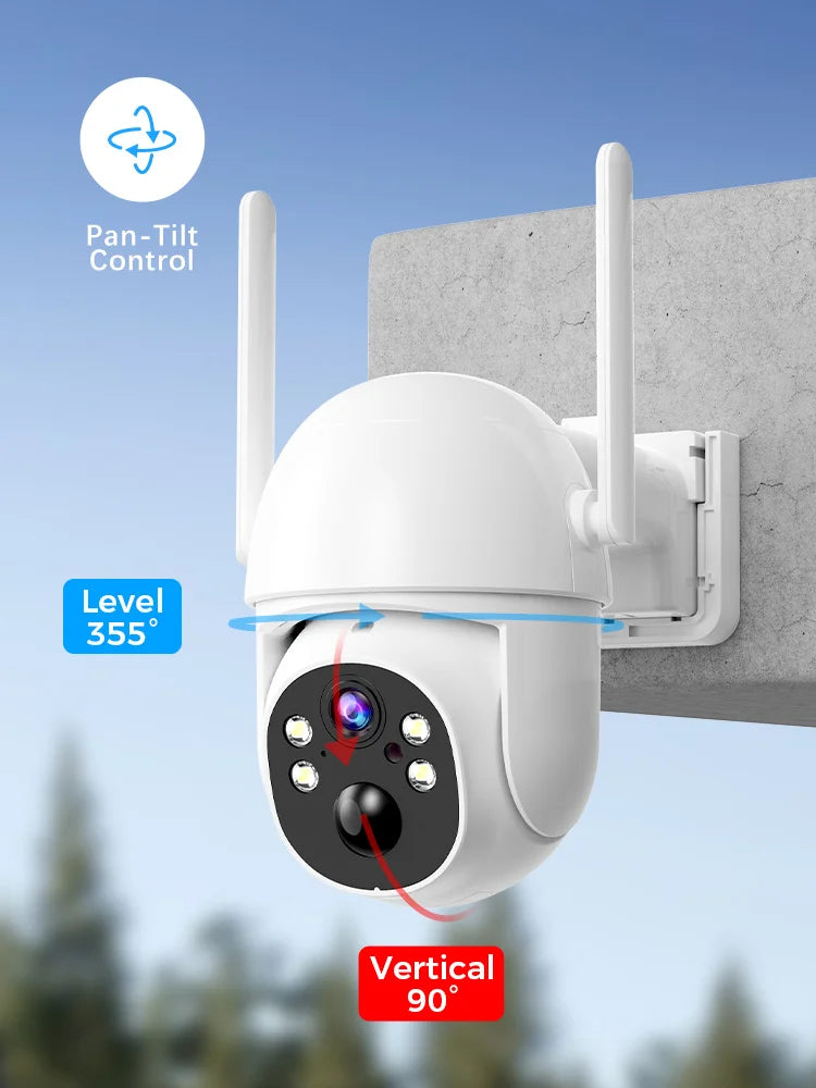 Cámara solar WiFi de 4 MP para exteriores, 2K, batería integrada, cámara de seguridad tipo domo con alimentación solar, alarma de movimiento PIR, almacenamiento en la nube y audio bidireccional.