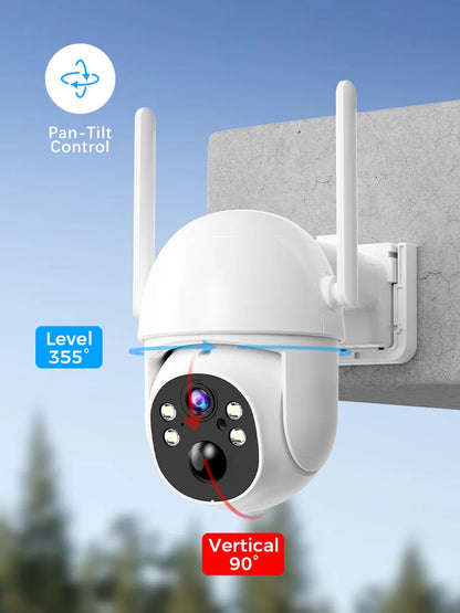 Cámara solar WiFi de 4 MP para exteriores, 2K, batería integrada, cámara de seguridad tipo domo con alimentación solar, alarma de movimiento PIR, almacenamiento en la nube y audio bidireccional.