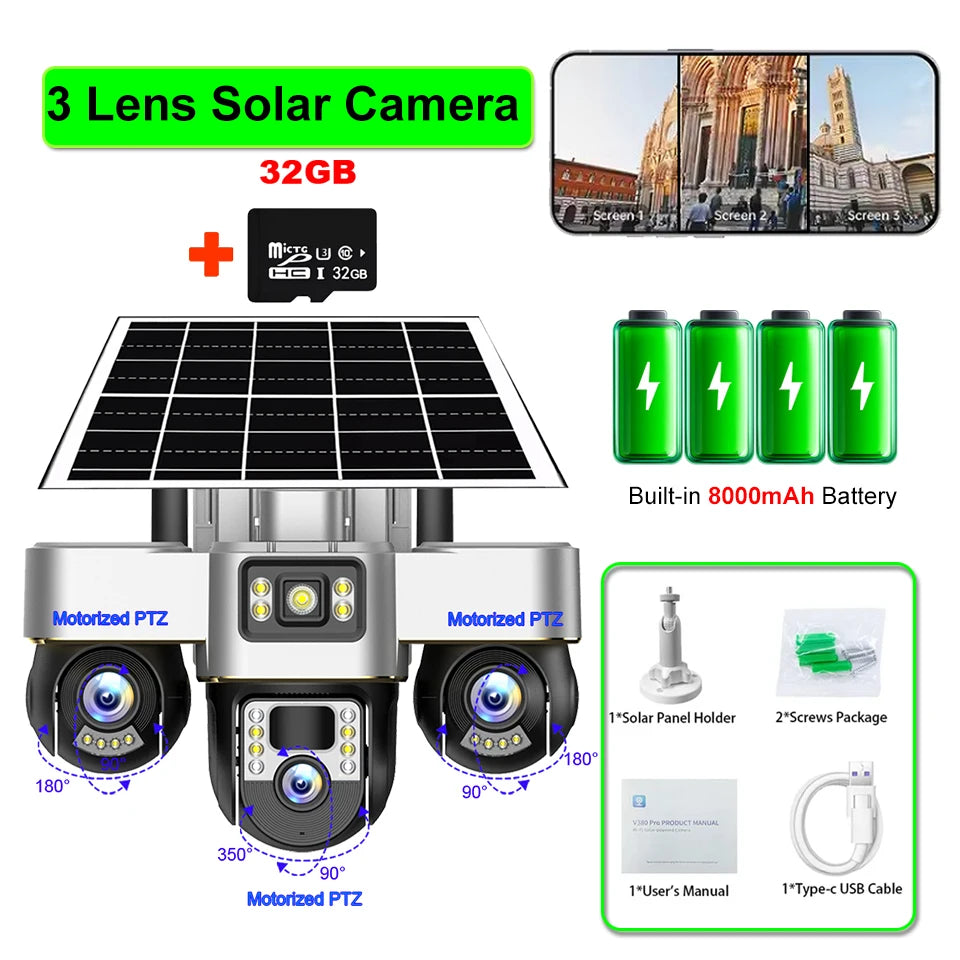 Cámara solar 4G con 3 PTZ, rotación automática, seguridad inteligente para exteriores, protección del hogar, detección humana PIR, seguimiento automático, cámaras de videovigilancia IP.