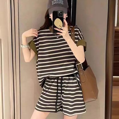 Conjuntos de ropa a rayas para mujer: camiseta de manga corta y pantalones cortos con cordón, trajes de dos piezas, chándal holgado de verano, conjuntos casuales para mujer