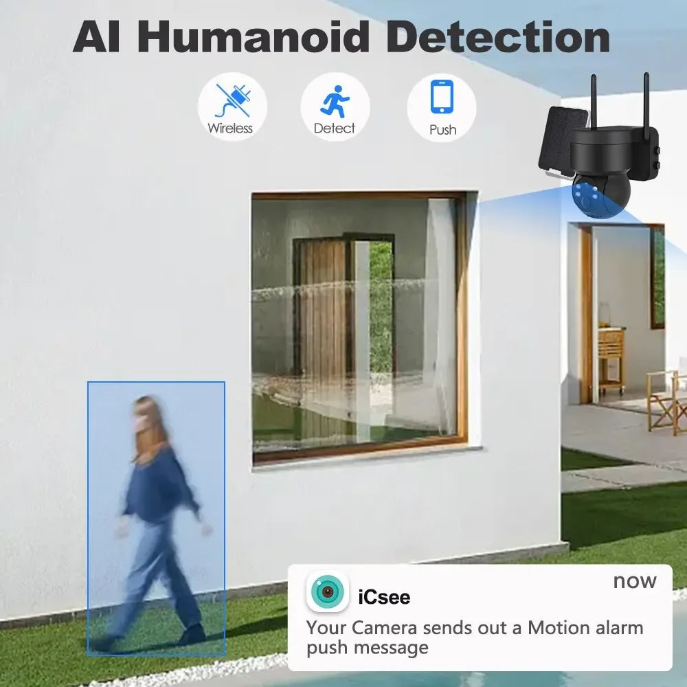 Cámara de seguridad exterior inalámbrica IP de 4 MP con alimentación solar, WiFi, batería de 7800 mAh, detección humana PIR y visión nocturna.