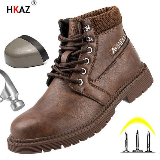 Zapatos de trabajo de seguridad impermeables para hombre, botas de cuero con puntera de acero, calzado masculino indestructible para trabajos de construcción, color marrón.