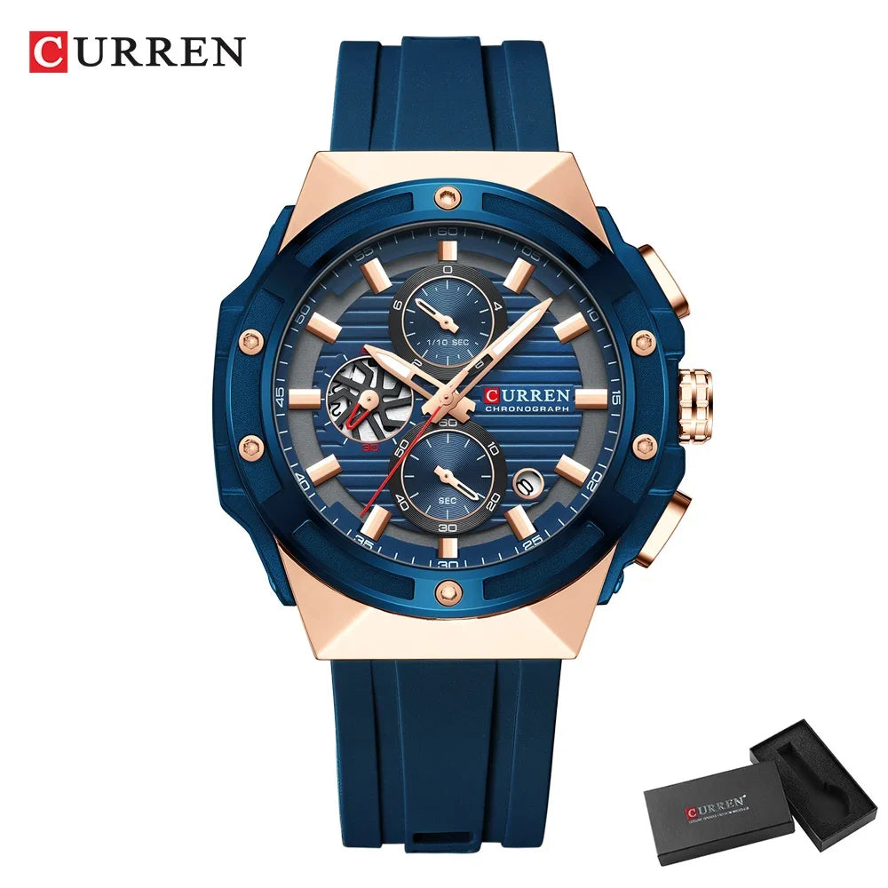 CURREN Reloj deportivo de cuarzo multifuncional con cronógrafo y correa de silicona, esfera de diseño creativo y manecillas luminosas.