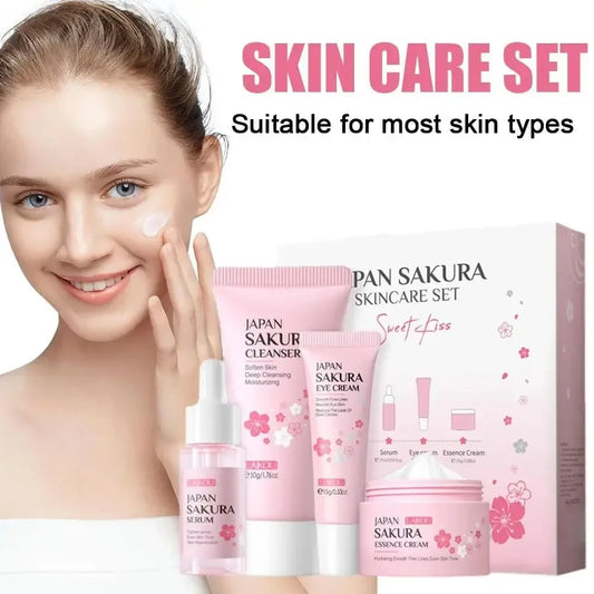 Set de 4 piezas para el cuidado facial: Limpiador, crema Sakura Essence, crema hidratante para ojos, suero facial para mejorar la aspereza y la sequedad de la piel.