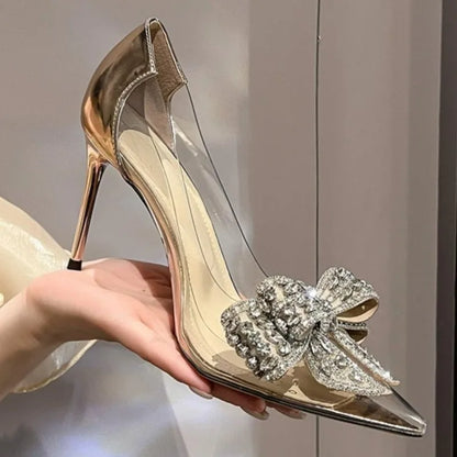Sandalias de lujo con punta de cristal y hada para mujer, zapatos de tacón alto transparentes con nudo de mariposa y diamantes de imitación, a la moda