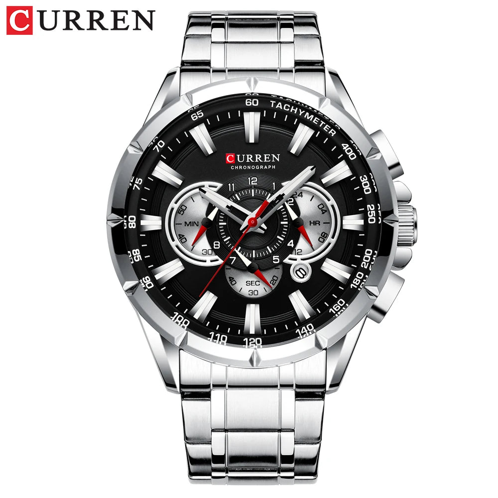 CURREN - Nuevo reloj deportivo informal con cronógrafo para hombre, correa de acero inoxidable, reloj de pulsera de cuarzo con esfera grande y punteros luminosos