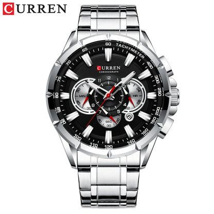 CURREN - Nuevo reloj deportivo informal con cronógrafo para hombre, correa de acero inoxidable, reloj de pulsera de cuarzo con esfera grande y punteros luminosos
