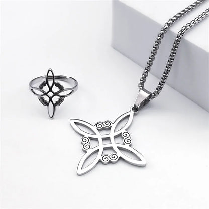 Conjunto de joyas de acero inoxidable, colgante de nudo celta irlandés, collar, pendientes, pulsera, anillo, brujería, bruja