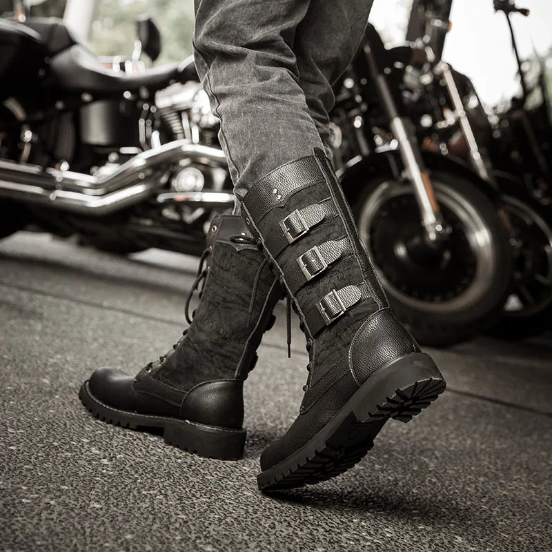 Botas vaqueras altas para hombre, zapatos con refuerzo interior, transpirables, de talla grande, informales, para motocicleta, 2025