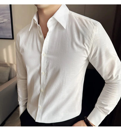 Camisa de hombre de color liso de alta calidad, 55 % algodón y 45 % lino, transpirable y con absorción de sudor, de manga larga. Tallas M-4XL.