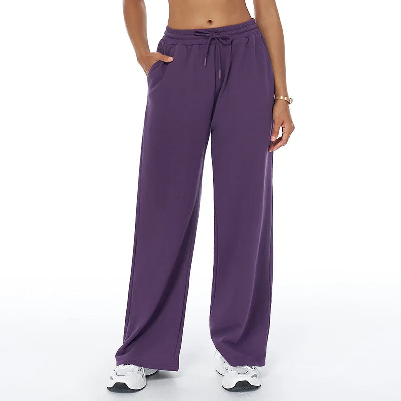 Women Winter Loose Fit Sports Pants High Waist Drawstring Weatpants With Pockets Straight Leg Yoga Pants Versatile Sports Pants
