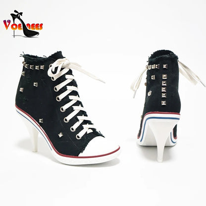 Botas cortas de mezclilla para mujer, botines con tachuelas y tacones altos, botas de mujer con remaches, tacones altos finos con cordones, zapatos de mezclilla