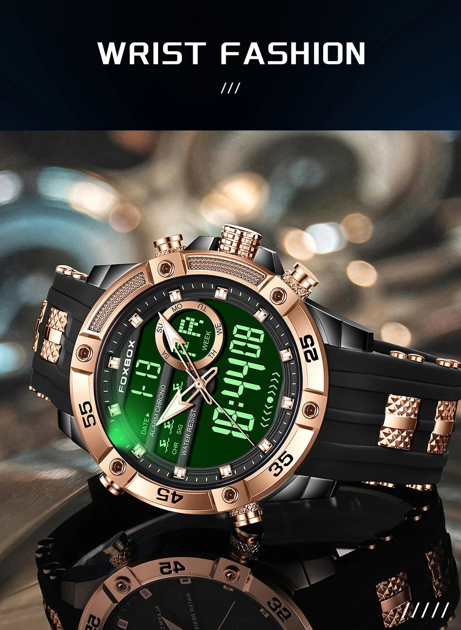 Reloj de pulsera de cuarzo de lujo FOXBOX para hombre, deportivo, impermeable, con doble pantalla, LED digital militar, de acero, para negocios + caja.