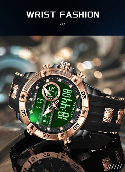 Reloj de pulsera de cuarzo de lujo FOXBOX para hombre, deportivo, impermeable, con doble pantalla, LED digital militar, de acero, para negocios + caja.