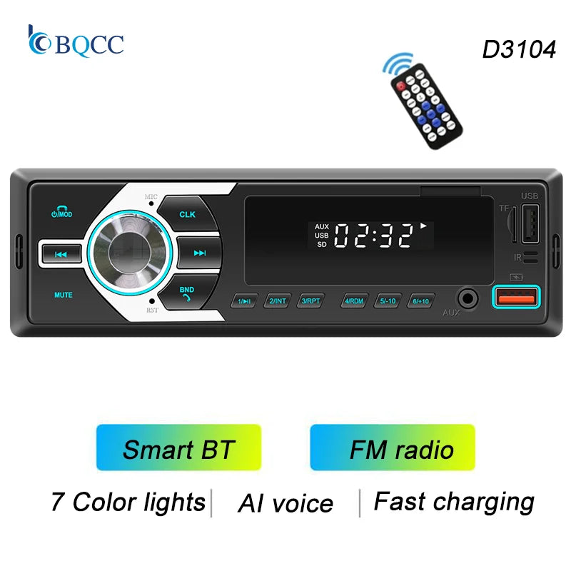 Radio estéreo BQCC 1DIN MP3 con FM, USB, TF, entrada AUX, Bluetooth, protección de energía, luces de 7 colores, USB dual, multimedia, audio para coche.