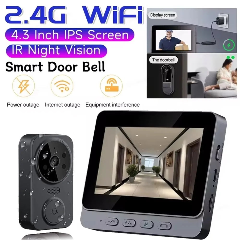 Videoportero inalámbrico con cámara de seguridad inteligente, visión nocturna, WiFi 2.4G, HD, detección de movimiento y almacenamiento en la nube.