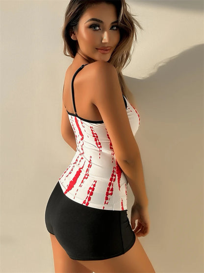 Traje de baño de dos piezas para mujer 2025, nuevo traje de baño liso con estampado de tirantes, tankini de verano, pantalones cortos tipo bóxer de cintura alta, traje de baño de playa para mujer