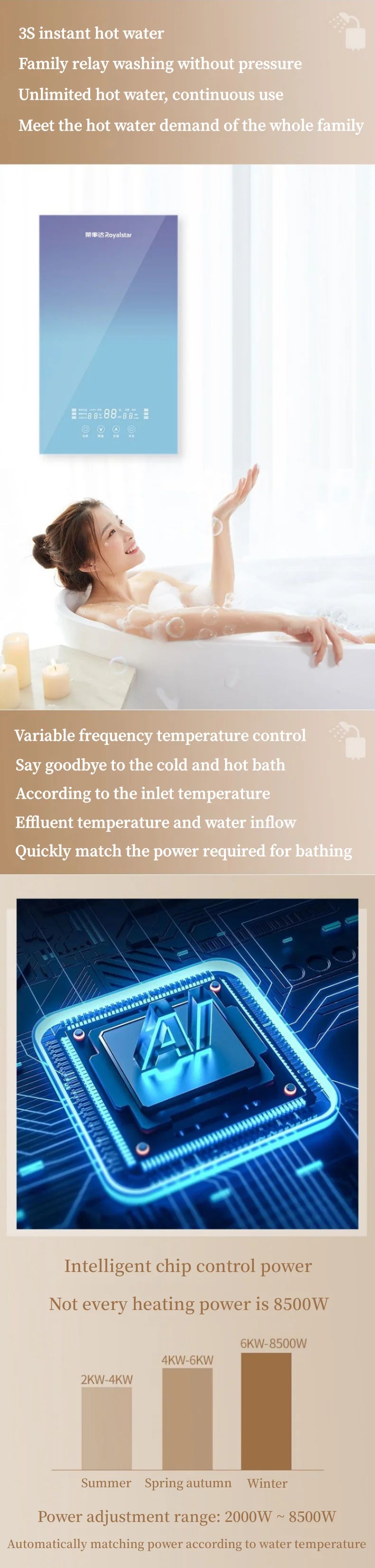 Calentador de agua eléctrico de calentamiento instantáneo para hogares pequeños. Calentamiento rápido, 8500 W. Temperatura constante inteligente. Sin depósito de agua.