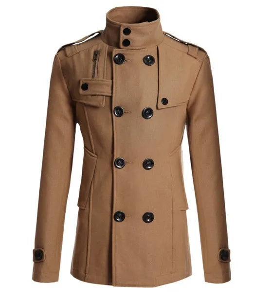 2025 New Jacket Men's Windbreaker Winter Men's Woolen Blend Double Breasted Standing Collar Long Sleeved Casual Jacket Jacket