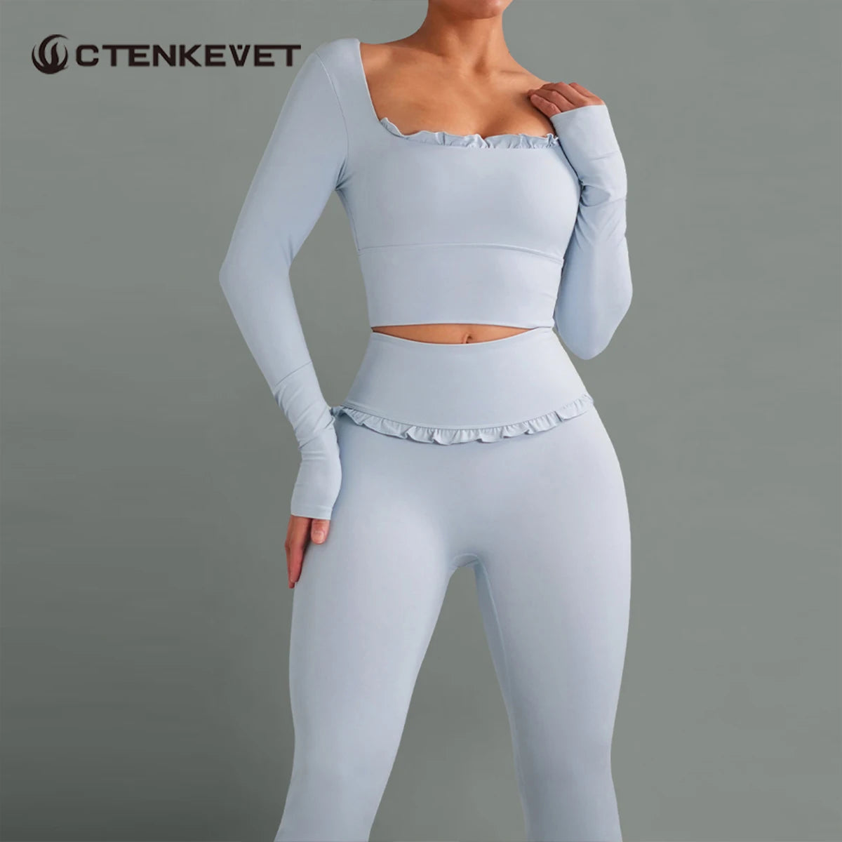 Ctenkevet - Conjunto de 2 piezas de camiseta de manga larga de secado rápido para mujer, para gimnasio, yoga, deportes al aire libre, traje deportivo de dos piezas