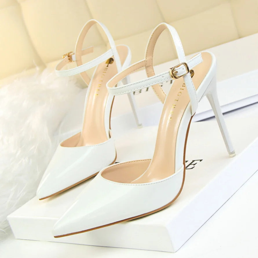 Zapatos de tacón ultraalto, sencillos, delgados, de piel pintada, sexis, para discoteca, con tiras de una palabra, para mujer, 86-1