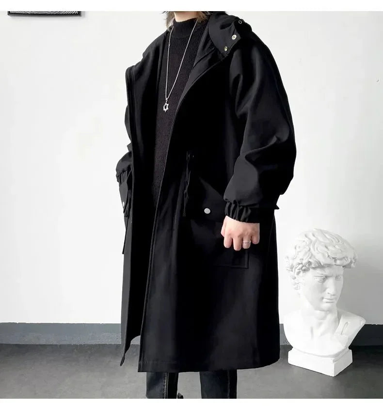 2025 Spring Autumn  Green Windbreaker Fashion Men Mid-length Casual Hooded Coat Men Daily High Street Overcoat Male Clothes