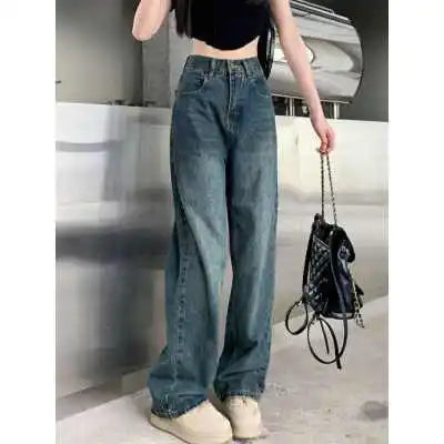 Pantalones vaqueros de pierna ancha para mujer, de cintura alta, con contraste, rectos, holgados, para otoño