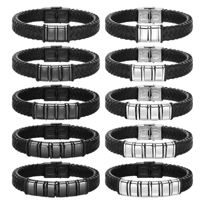 Pulseras trenzadas de cuentas personalizadas para hombre, de cuero, acero inoxidable, color negro y plateado, con nombre personalizado, regalo para un familiar.