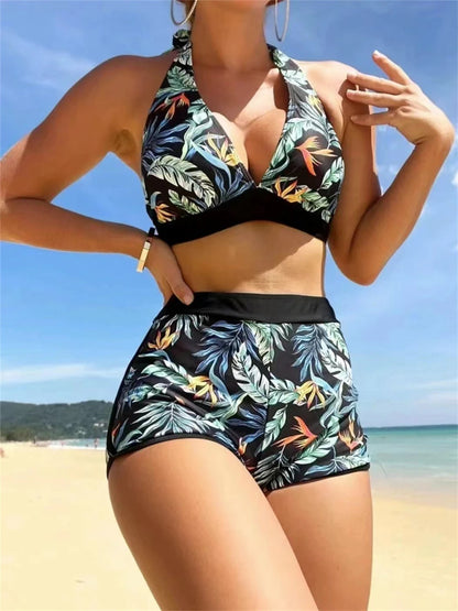 Bikini Halter 2023 para mujer, traje de baño de cintura alta, bañador sexy para mujer, traje de baño con estampado de hojas, ropa de playa de verano