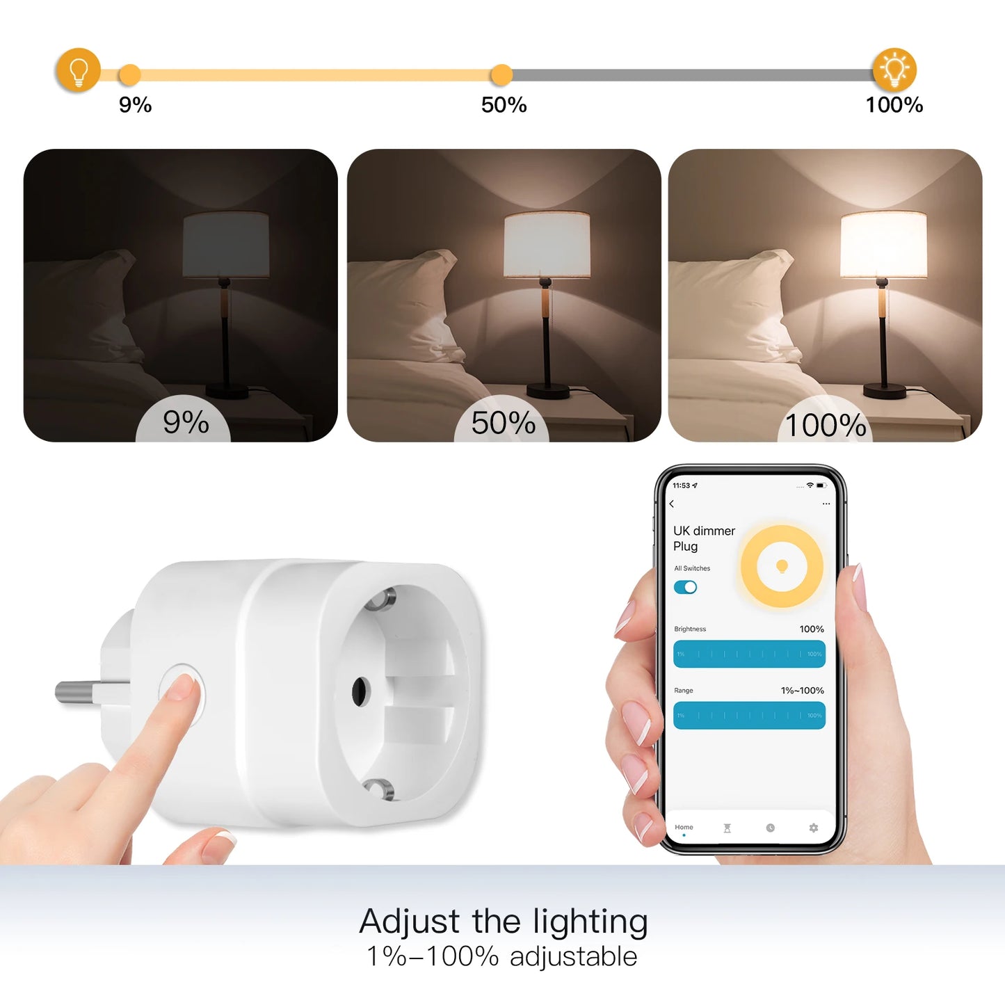 Enchufe inteligente MOES WiFi con ajuste de brillo y temporizador, compatible con la aplicación Tuya Smart Life y control por voz de Alexa y Google (UE/RU/EE. UU.).