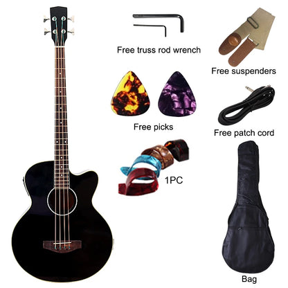 Bajo electroacústico de 43 pulgadas y 4 cuerdas, diseño de guitarra folk con cutaway, con funda y ecualizador.