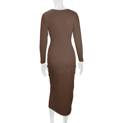 2025 Autumn Winter Female Fashion Slim Fit Long Sleeve V Neck Dress Women's Sexy Slit Knee Length Midi Dress Regular Shoulder