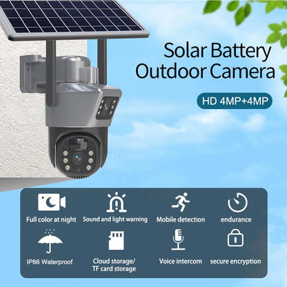 Cámara solar WiFi 4K de 8MP para exteriores, cámara de vigilancia CCTV inalámbrica con panel solar, doble lente, cámara IP PTZ y protección de seguridad.