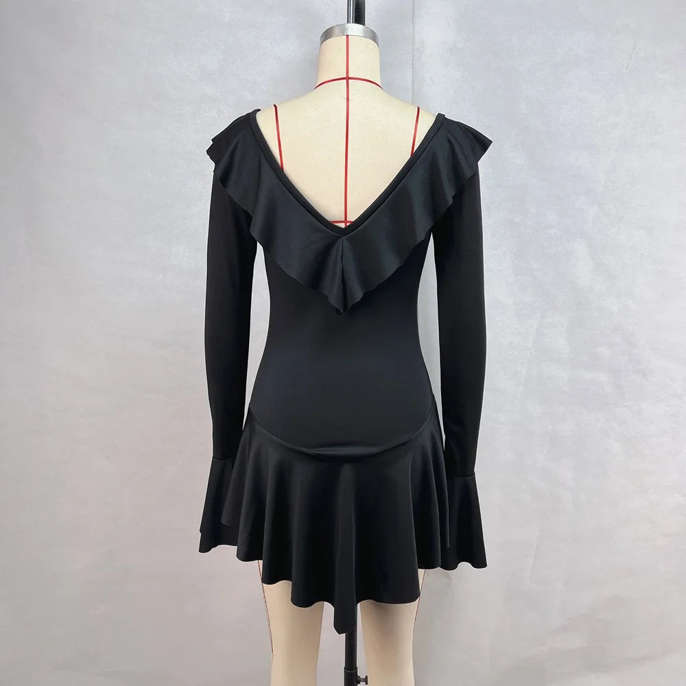 Vestido corto de mujer con volantes, patchwork blanco y negro, manga larga acampanada, encaje y cordones, para fiesta, noche, mini vestido, azul, rosa, rojo.