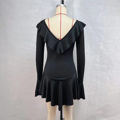 Vestido corto de mujer con volantes, patchwork blanco y negro, manga larga acampanada, encaje y cordones, para fiesta, noche, mini vestido, azul, rosa, rojo.