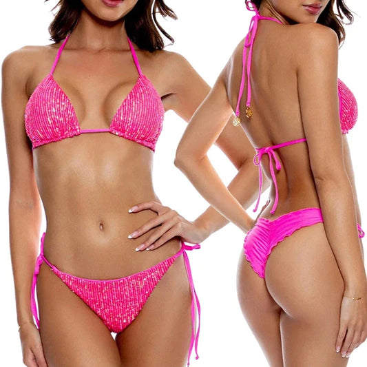 Bikini unicolor con purpurina, bañador sexy con cuello halter, traje de baño para mujer, conjunto de bikini con lentejuelas brillantes, ropa de playa, bikini brasileño