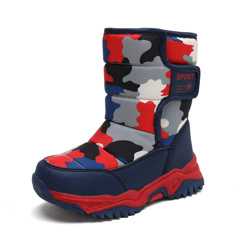 Zapatos de invierno 2025 para niños, de felpa, impermeables, antideslizantes, con suela de goma, botas de nieve cálidas a la moda para exteriores.