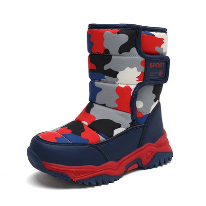 Zapatos de invierno 2025 para niños, de felpa, impermeables, antideslizantes, con suela de goma, botas de nieve cálidas a la moda para exteriores.