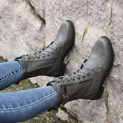 Botines de tacón cuadrado para mujer, botas de trabajo cortas de piel sintética para otoño e invierno, botas elásticas con cordones de talla grande para mujer 2024