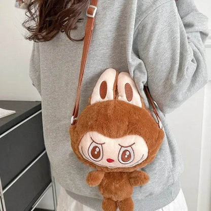 Lindo bolso bandolera de peluche con diseño de elfo de dibujos animados, de poliéster suave, con un solo hombro y cierre de cremallera.